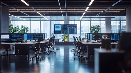 A fintech startup office showcasing cutting-edge technology and a collaborative environment