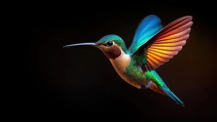 Hummingbird flying across a rainbow arch with vibrant trails of light behind it, 3D render