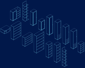 Wooden cupboard isolated outline set. Vector illustration room furniture of wardrobe on blue background . Vector outline set icon room cupboard. Isometric view