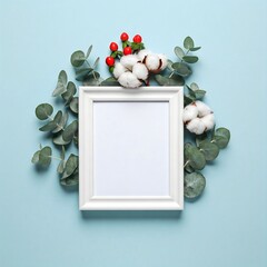 A blank white frame surrounded by eucalyptus leaves, cotton flowers and red berries on a light blue background, perfect for displaying a photo or text.