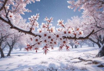 Fototapeta premium Snowflakes gently fall on almond tree blossoms in a frosty winter landscape, snowfall, winter wonderland, almond blossom winter
