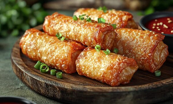 Crispy spring rolls garnished with green onions on a wooden platter with dipping sauce.