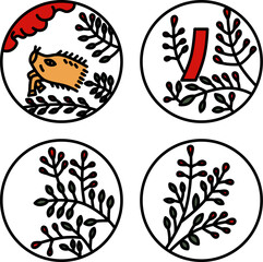 7月のカラーミニ円形花札アイコンセット