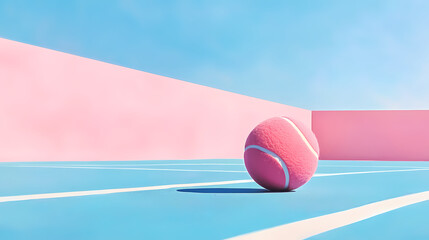 Pink tennis ball on a court with a blue sky