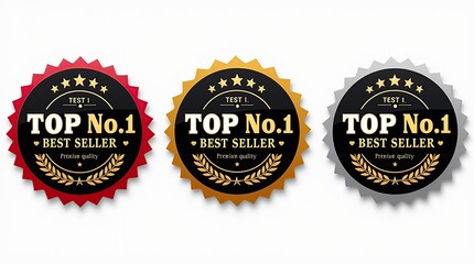 Set of Three No.1 Best Seller Badges in Red, Gold, and Silver