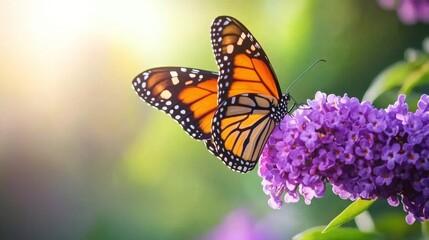 Naklejka premium Monarch butterfly on purple flower in sunlight.