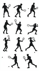 Silhouettes of Tennis Players in Dynamic Poses on White Background