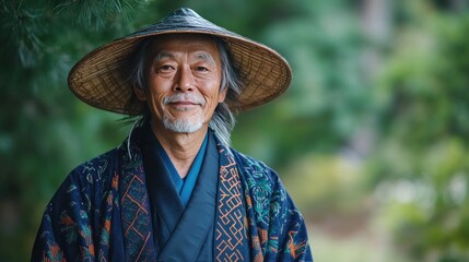 A Japanese Ainu man wearing a dark blue geometric embroidered dress and a traditional hat stands in a forest of pine trees
