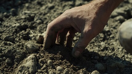 A weathered hand gently probes dark, fertile soil, small stones interspersed. This image depicts the careful examination of soil, suitable for agriculture or environmental themes.
