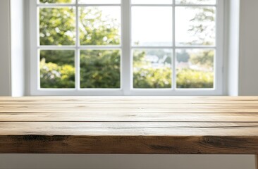 Wooden table in front of a window with a blurry garden view.