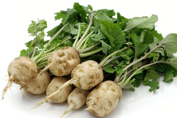 Fresh Whole Radishes With Greens Attached Isolated on a White Background in Closeup View. Generative AI