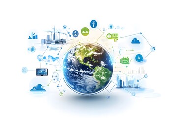 Global Connectivity and Innovation in Technology Illustrated with Earth and Various Icons Representing Industries and Sustainable Development Concepts