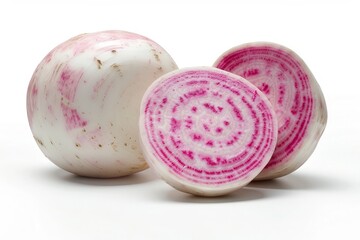 Whole Turnip Cut in Half Revealing Colorful Interior Against White Background. Generative AI