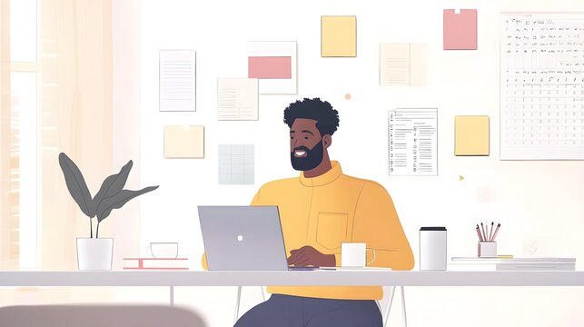 A remote worker planning tasks for the day while sipping tea in a minimalist workspace
