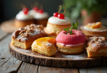 Fototapeta premium Delicious pastries on wooden platter, featuring colorful donuts, cream filled treats, and fruit toppings, creating delightful dessert display