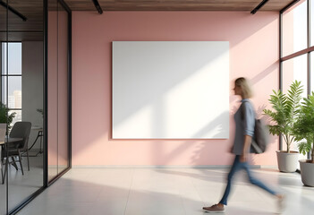 Fototapeta premium modern office interior featuring blank canvas on pink wall, with person walking by. space is bright and airy, enhanced by large windows and greenery