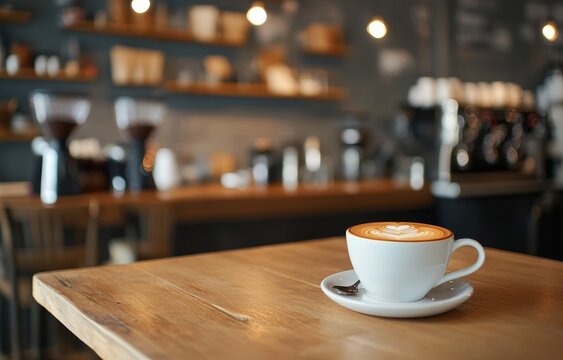 Latte art in a white cup on wooden table in a coffee shop.