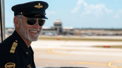 A Pilot in uniform smiling near airplane, holding flight itinerary, clear blue sky, professional aviation concept, travel and aviation industry.	