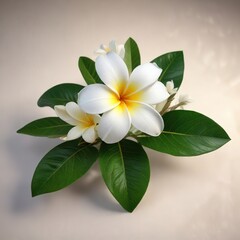 Obraz premium White plumeria flower on a small green leaf against a bright light source , tropical flowers, nature