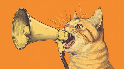 Cat announcing using megaphone. notifying, warning, announcement. Aurulent. Illustration