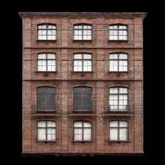 Fototapeta premium Tall, old brick building with weathered texture and gridlike windows, featuring symmetrical design and small balconies on second floor.