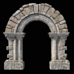 Fototapeta premium Rustic 3D Stone Arch with Columns in Symmetrical Pattern on Black Background Ancient and Weathered Look