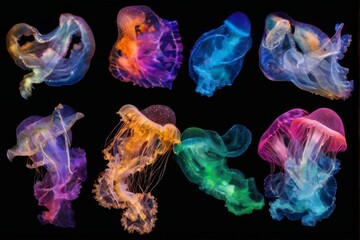 Obraz premium Vibrant Jellyfish Collection in Grid Layout on Black Background with Pixelated 3D Effect