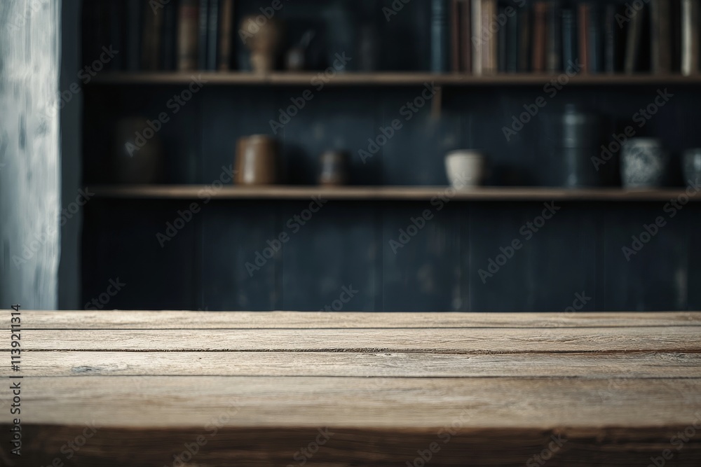 Poster Rustic wooden table with blurred bookshelf background.