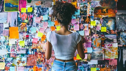 A woman placing sticky notes with goals on a vision board filled with inspiring images