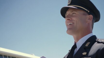 A Pilot in uniform smiling near airplane, holding flight itinerary, clear blue sky, professional aviation concept, travel and aviation industry.	