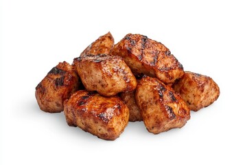 Grilled Chicken Bites Piled Neatly on a White Background Showcasing Juicy, Tender and Flavorful Meat Perfect for Culinary Presentations or Food Blogs