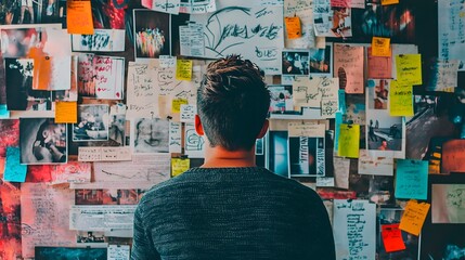A vision board filled with inspirational photos, quotes, and colorful sticky notes