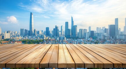 Wooden deck overlooking a vibrant cityscape under a partly cloudy sky.