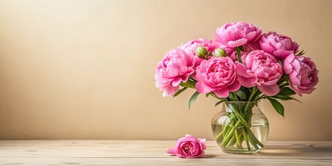 A Delicate Bouquet of Pink Peonies in a Clear Glass Vase on a Wooden Surface