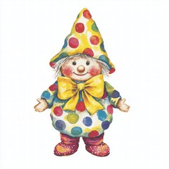 A cheerful, polka-dotted clown figure with a yellow bow and colorful hat, designed to evoke joy and whimsy, isolated on white background for di-cut