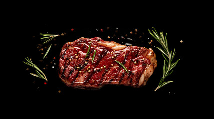Seasoned raw steak with rosemary pairing