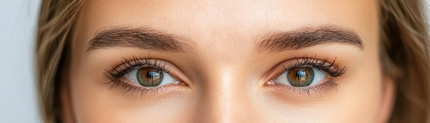Obraz premium A close-up of a woman's face, showcasing her striking green eyes and well-groomed eyebrows against a neutral background.