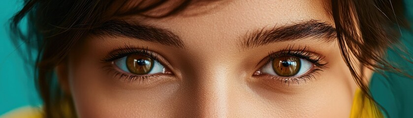 Fototapeta premium A close-up of expressive brown eyes against a vibrant background, showcasing natural beauty and a captivating gaze.