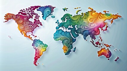 Obraz premium Whimsical World Map An Ornate Design Featuring Swirling, Colorful Patterns Representing Global Interconnectivity