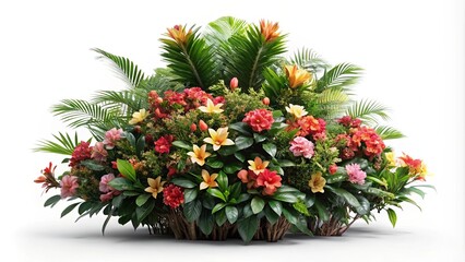Lush tropical floral arrangement with vibrant blooms and lush green foliage, perfect for event decoration or celebratory displays