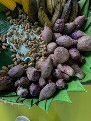 Traditional healthy snacks menu for parties in Indonesia, there are sweet corn, stewed peanuts, potatoes, bananas and breadfruit fresh from steamer.