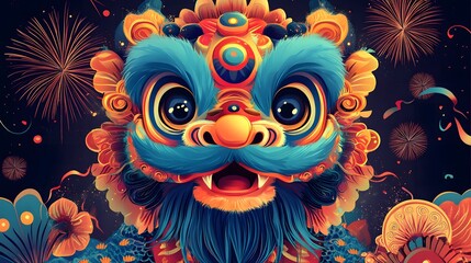 Obraz premium stunning Flat-style illustration background depicting a Chinese lion dance with vibrant colors, festive patterns, and celebratory fireworks in the background