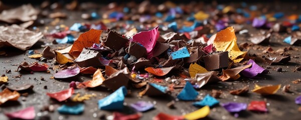 Fototapeta premium Broken and crumbled chocolate wrapper with a mix of colors, damaged , crumpled
