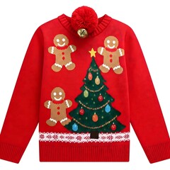 A red knitted Christmas sweater with a Christmas tree, gingerbread men, a pompom and a bell, perfect for the holidays.