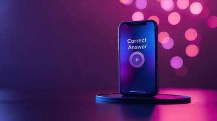 A smartphone displaying "Correct Answer" against a colorful, blurred background, emphasizing technology and digital interaction. Digital entertainment, e-learning, competition, Trivia Day