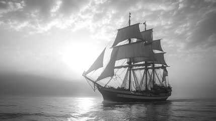 Fototapeta premium Majestic Sailing Ship at Sea: A Black and White Masterpiece