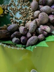 Traditional healthy snacks menu for parties in Indonesia, there are sweet corn, stewed peanuts, potatoes, bananas and breadfruit fresh from steamer.