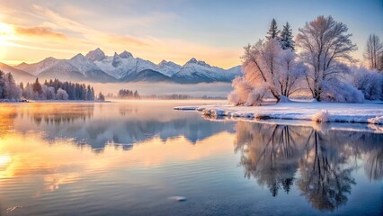 Obraz premium Serene winter sunrise over a tranquil lake, snow-covered trees reflecting in the calm water, majestic mountain range in the background