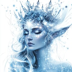 Fototapeta premium Ice Queen Fantasy Illustration: An Enchanting Digital Painting of a Serene Elf with a Crystal Crown