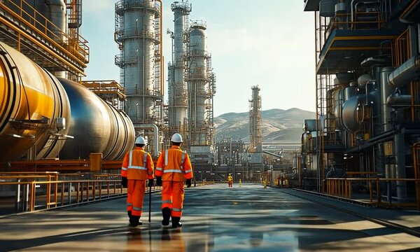 Two workers in safety gear walking through an industrial facility with towering structures.